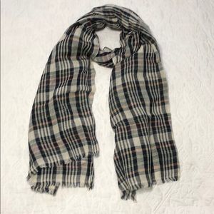 J Crew Navy & Cream Plaid Linen Blend Scarf NWT